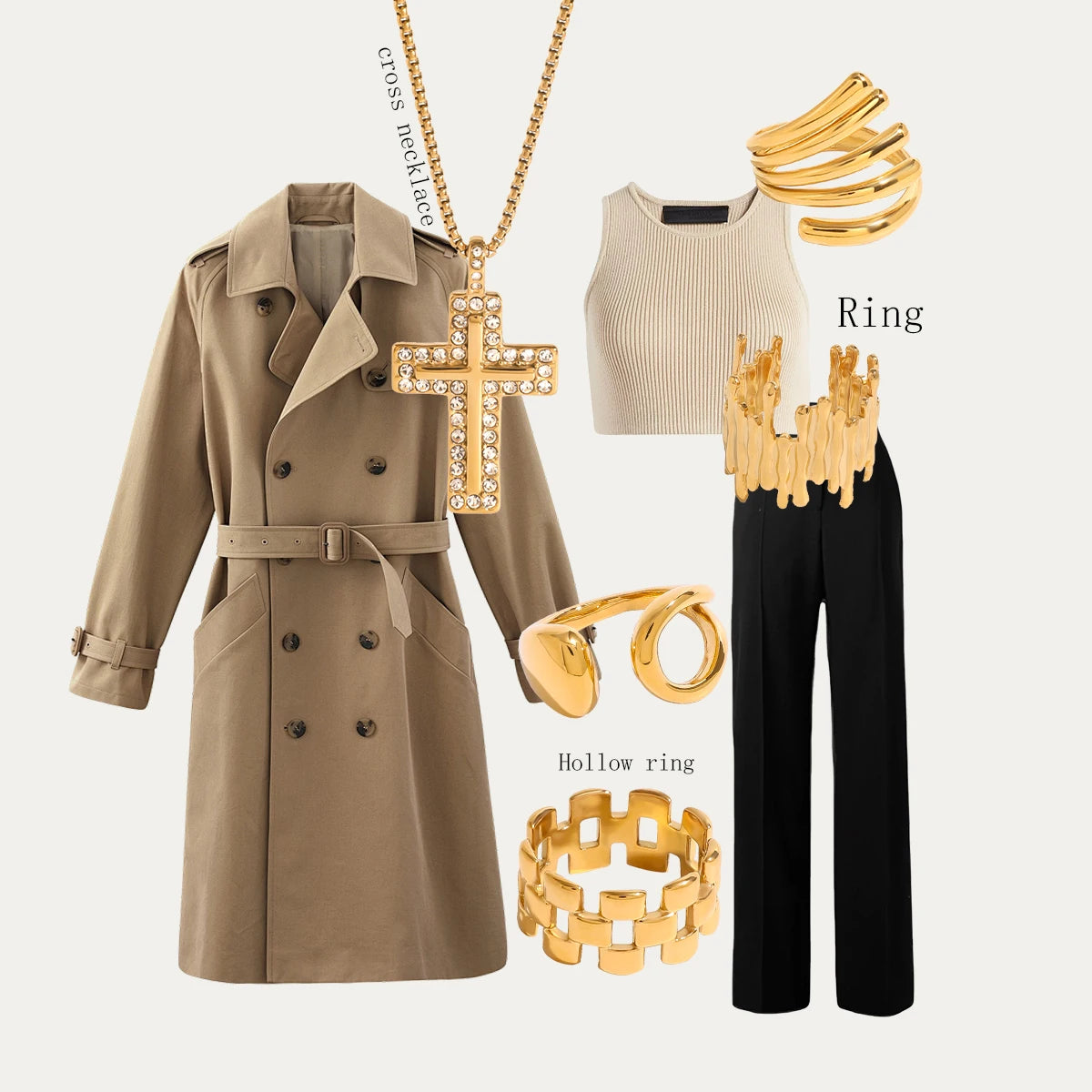 Uworld Fashion 5pcs Stacked Ring Jewelry Set Cross Necklace Linear Ring Women's Jewelry Gift for Her