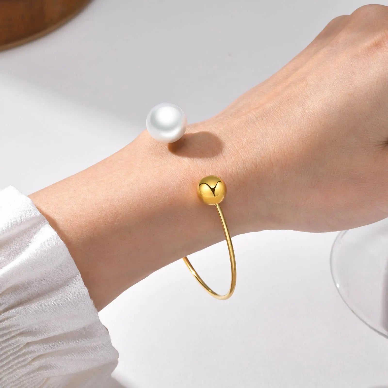 Women Trendy Cuff Bracelets, Gold Plated Stainless Steel Bangle Simulated Pearl Ball, Chic Minimalist Stylish Wristband Bracelet