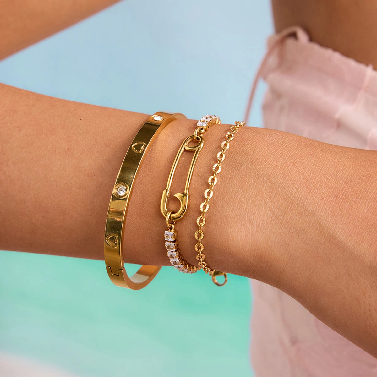 Uworld Simple Classic Square White Zircon Bracelet Paper Clip Double layer Bracelet Stainless Steel Chain Women's Jewelry Party