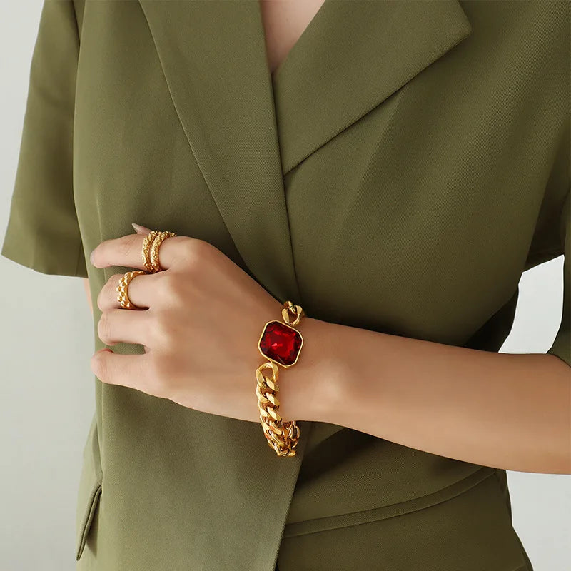 Nivora Cuban Chain Necklace Bracelet For Women Stainless Steel Women Jewelry Set Red Green Color Square Crystal Wedding Jewelry