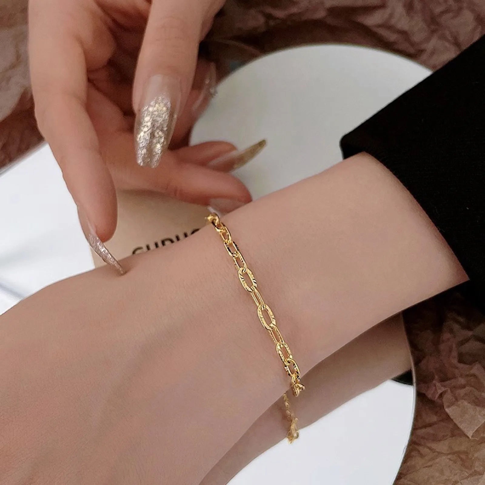 Women's Trendy Stylish Stamped Rectangle Charm Chain Bracelets, Gold Color Paperclip Links Wristband Jewelry