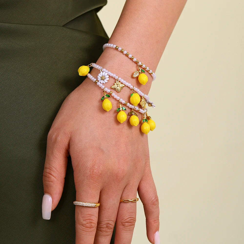 Nivora Distinctive Resin Lemon Imitation Pearl Chain Pendant Bracelets For Women Stainless Steel Bracelet Women Daily Jewelry