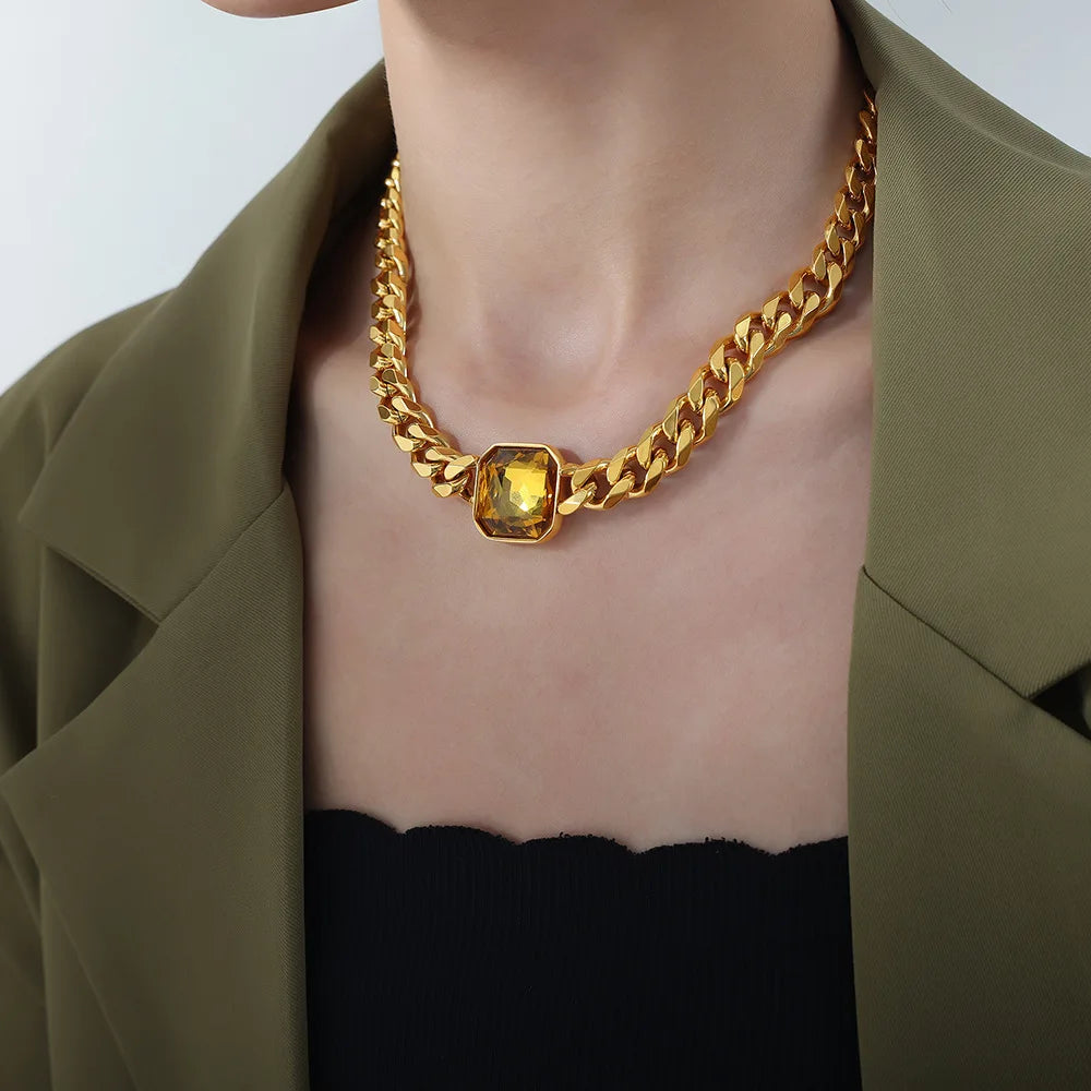 Nivora Cuban Chain Necklace Bracelet For Women Stainless Steel Women Jewelry Set Red Green Color Square Crystal Wedding Jewelry