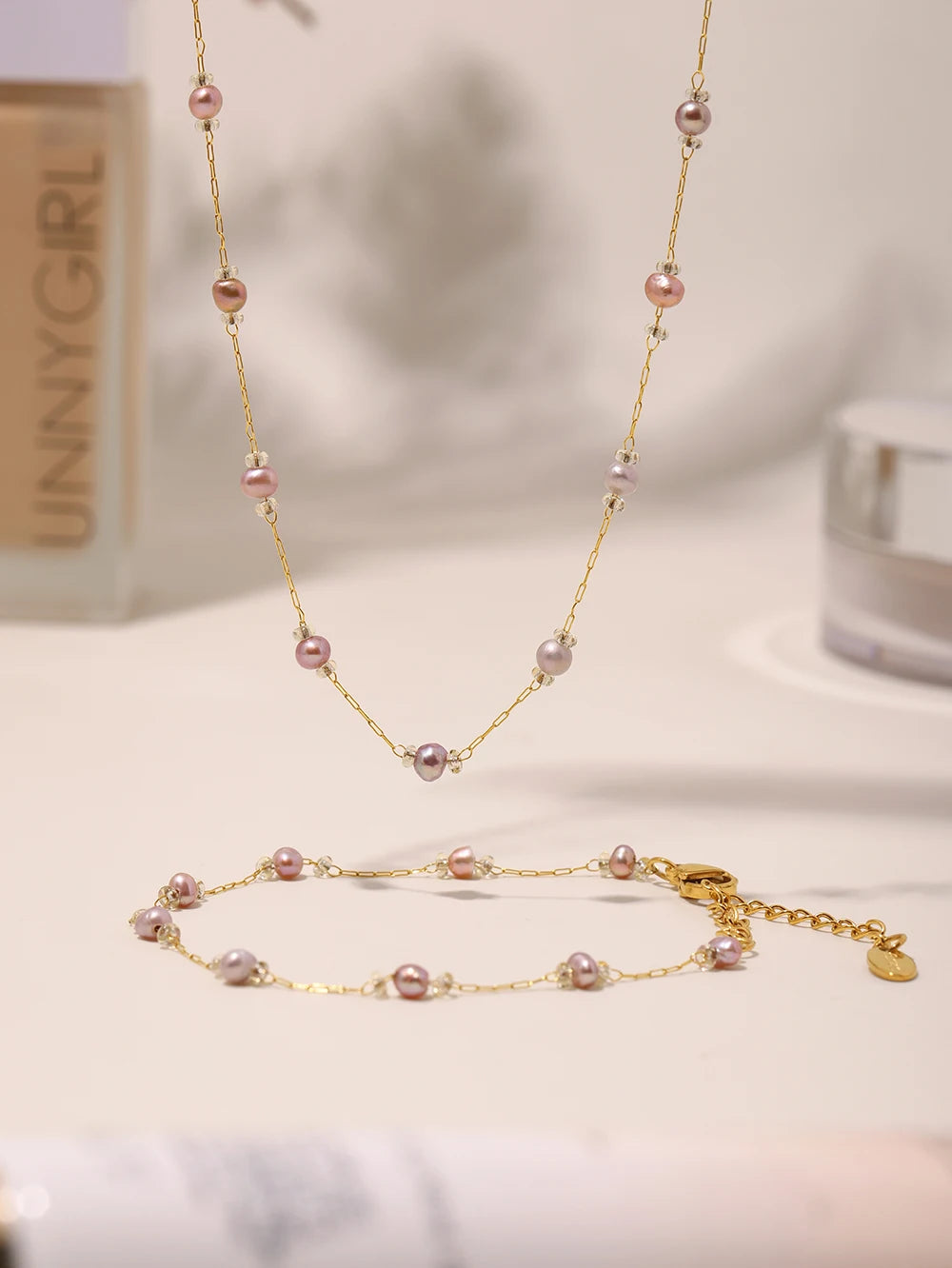 Nivora Exquisite Pink Freshwater Pearl Necklace Bracelets For Women Stainless Steel Beads Chain Charm Handmade Jewelry Set