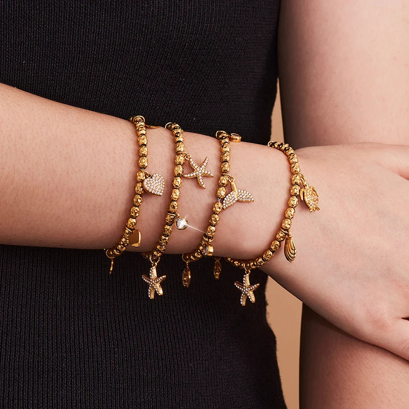 Nivora Distinctive Stainless Steel Metal Texture Chain Bracelets For Women Ocean Style Pendant Charm Wedding Bracelets Jewelry