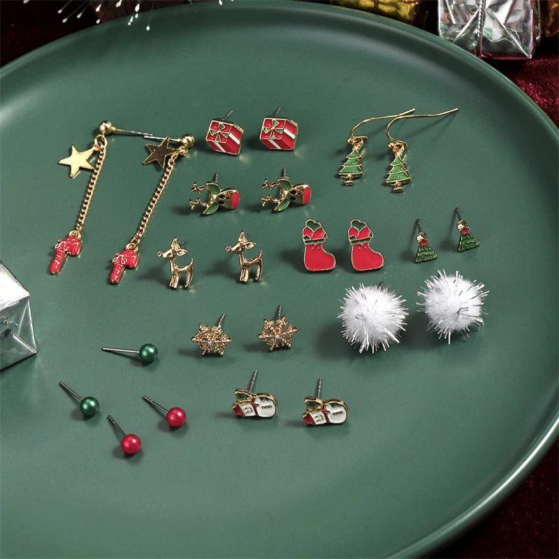 12 Pairs Christmas Earring Set For Women Crystal Zircon Xmas Tree Snowflake Elk Santa Claus Earring New Year Festival Jewelry