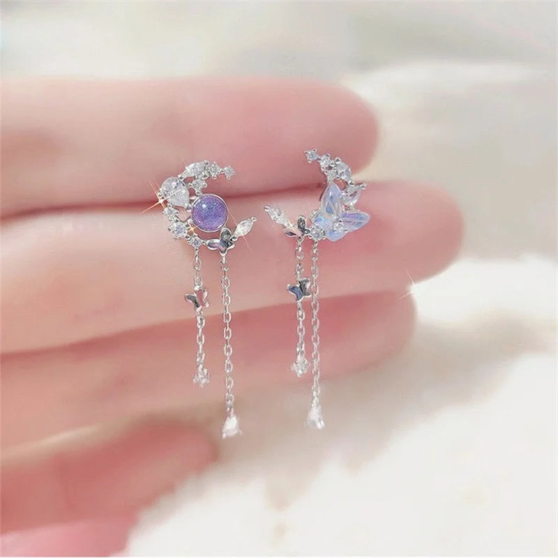 Sparkling Crystal Star Moon Tassel Earrings for Women Korean Fashion Zircon Butterfly Asymmetrical Drop Earring Party Jewelry