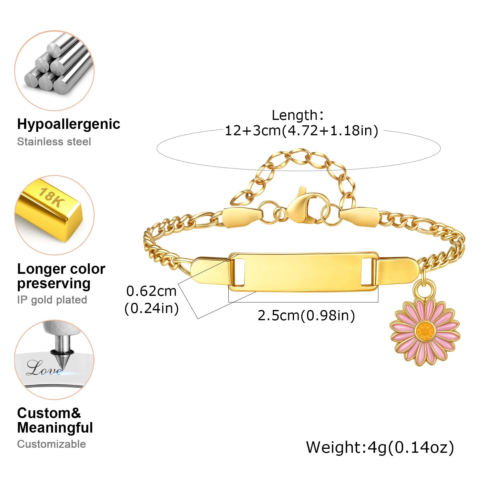 Free Custom Name Date Bracelet for Baby Girls,Daisy Drop Stainless Steel Chain Bracelets,Personalized Jewelry Gift