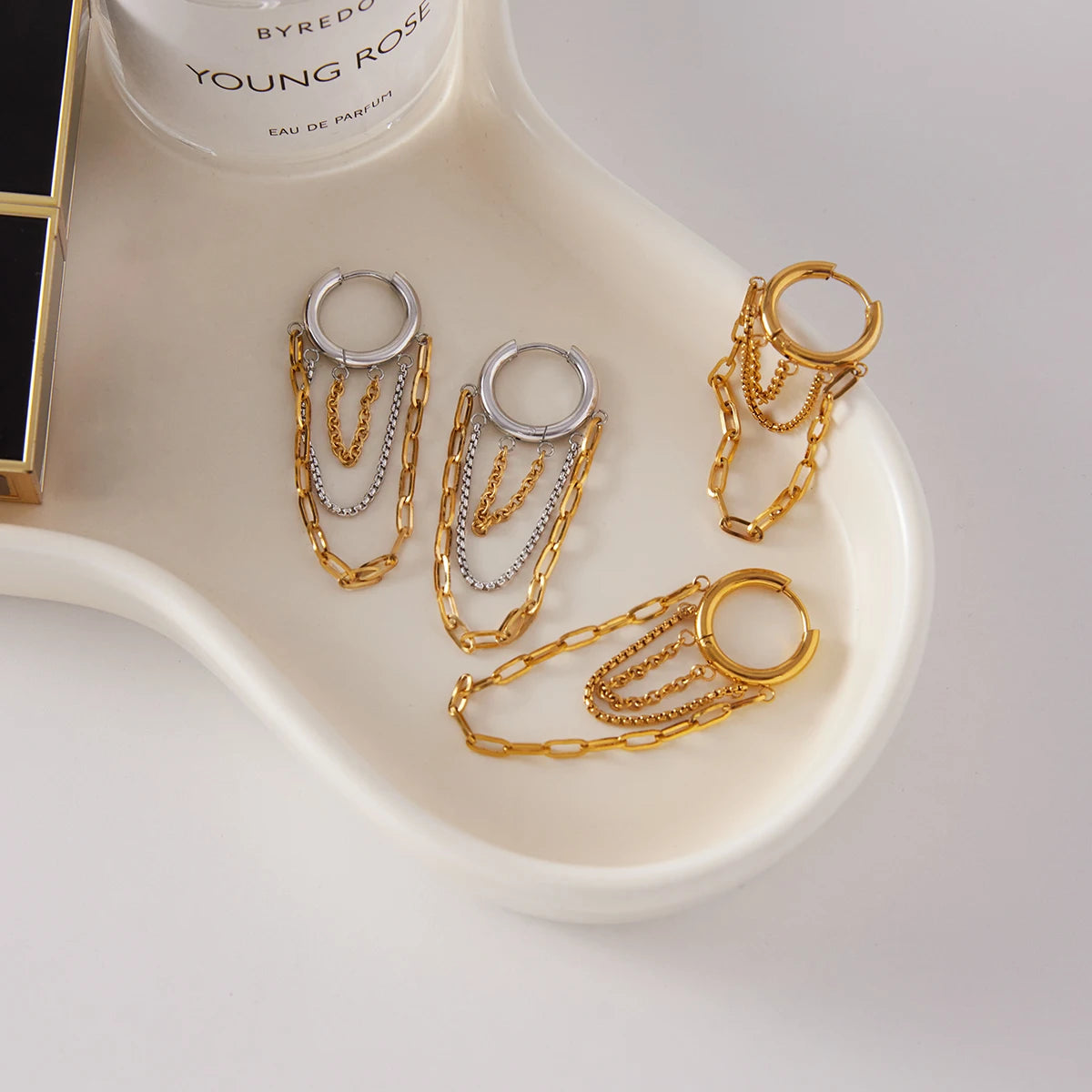 Uworld Minimalist Two tone Chain Tassel Earrings 18K PVD Stainless Steel Earrings Women's Jewelry Daily Wear