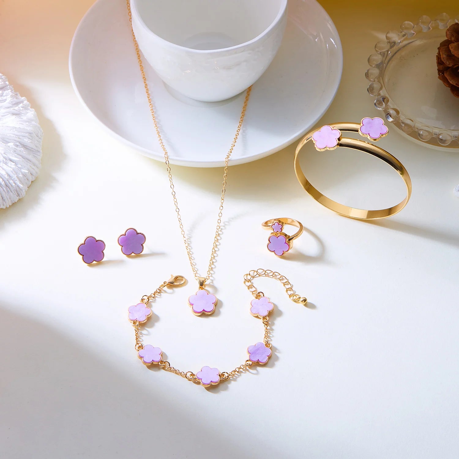 5pcs/set Lucky Five Leaf Flower Necklace Bracelet Earrings Ring Set for Women Colorful Enamel Plum Blossom Jewelry Party Gifts