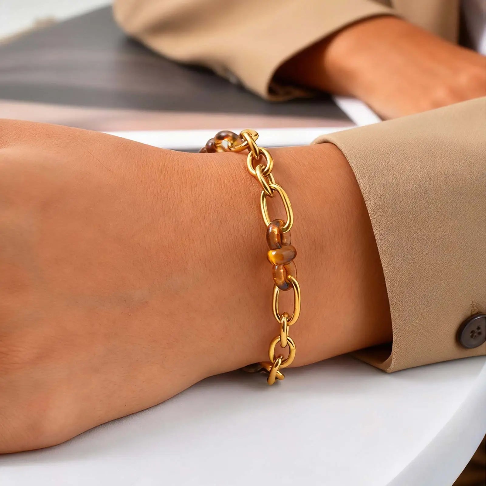 Women's Stainless Steel Enamel Link Chain Bracelet,Chunky Gold Plated Bracelets,Hypoallergenic Jewelry Gifts