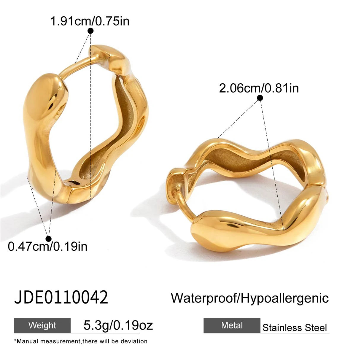 Uworld Classic 18K Plated Gold Color Smooth Wave Hoop Earring Women Zircon Stainless Steel Earring For Lady Waterproof Jewelry