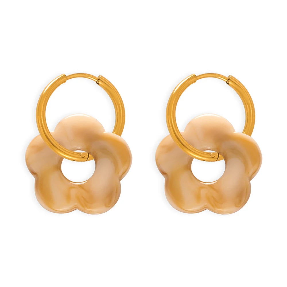 Colorful Resin Hollow Flower Pendant Necklaces Drop Earrings For Women Stainless Steel Rice Chain Women Wedding Jewelry Sets