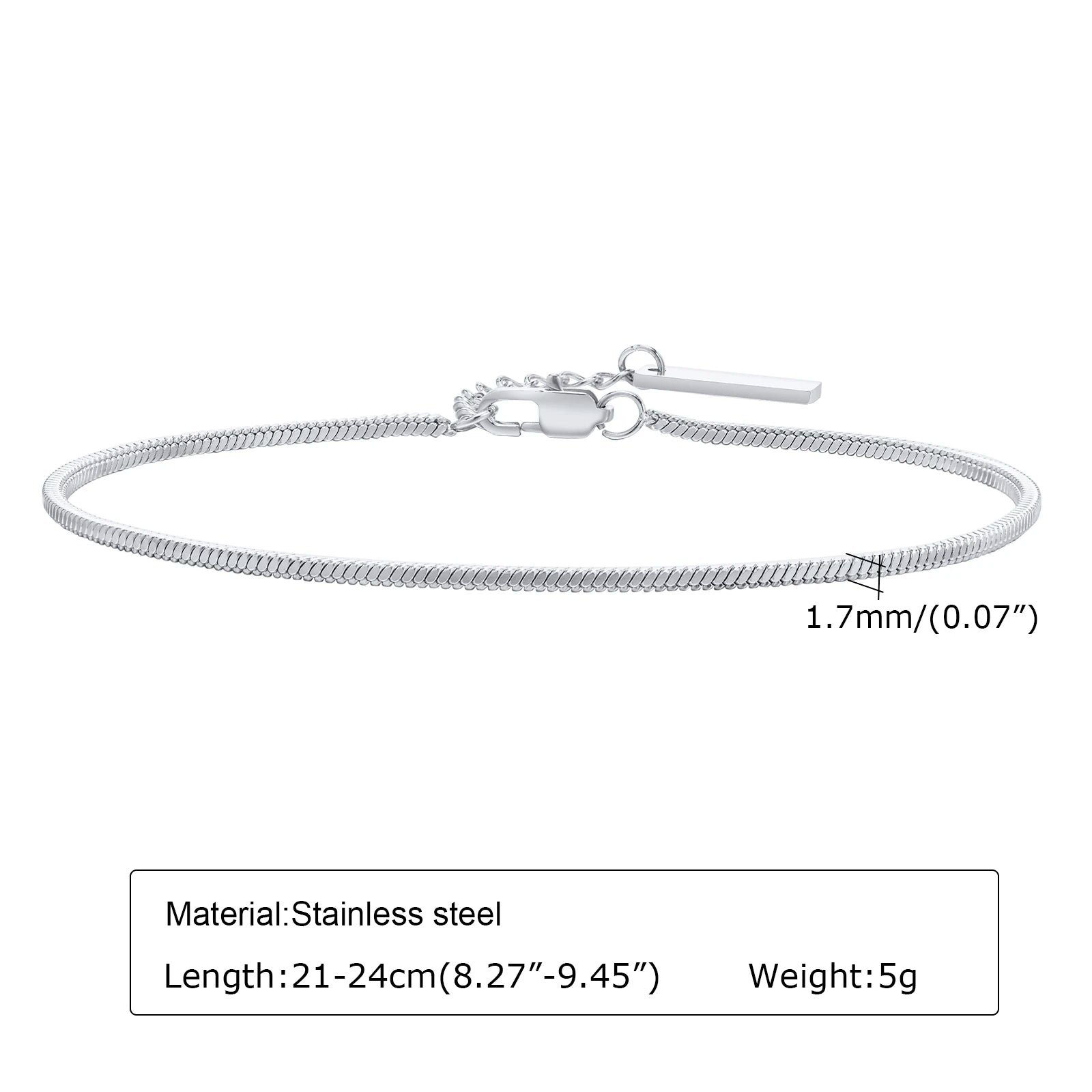 Women's Fashion 1.7mm Square Snake Chain Bracelets, Gold Color Stainless Steel Cool Bracelet, Basic Casual Wristband