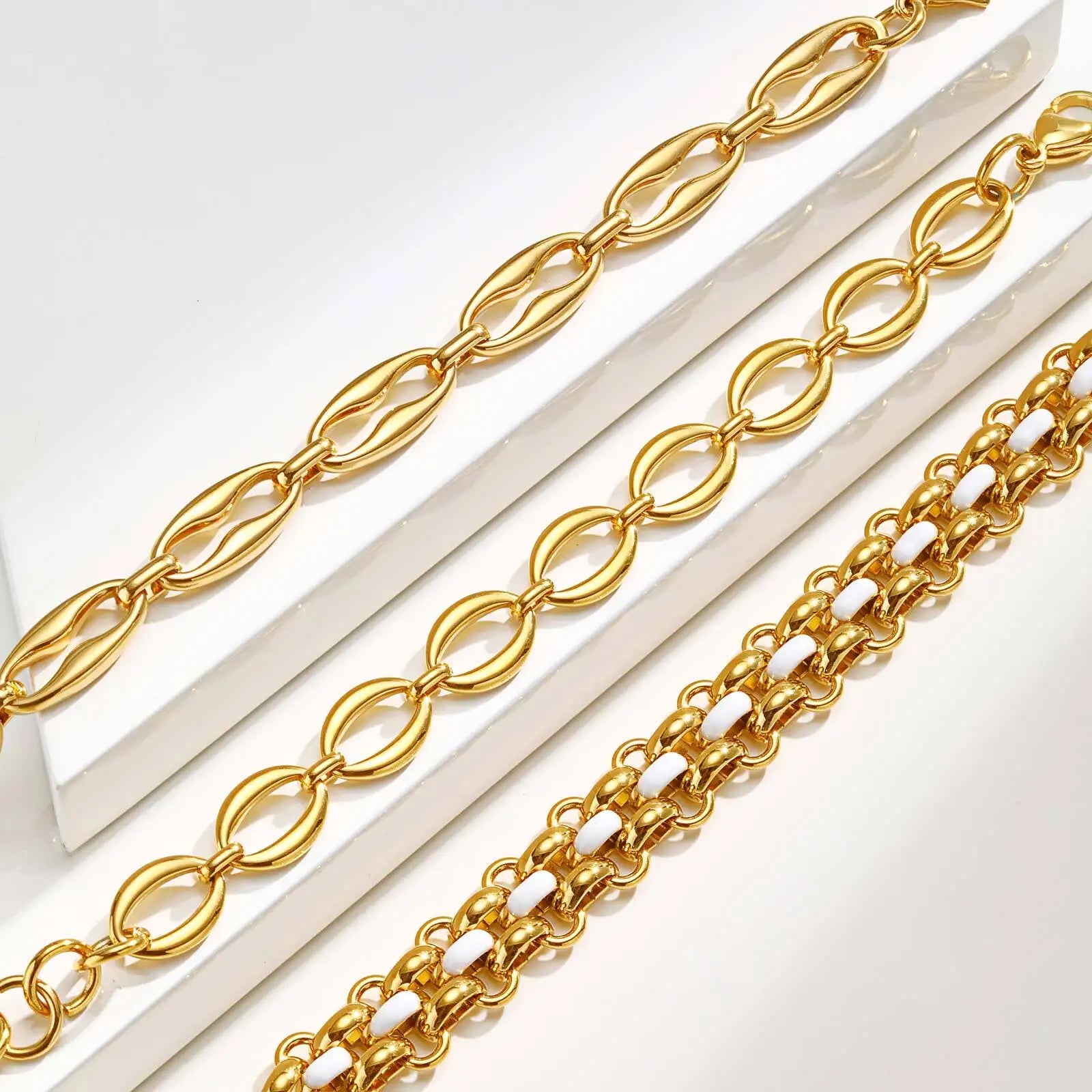 Chunky Braceket Stack, Stainless Steel Chain Bracelet for Women, 18k Gold Plated Link Jewelry Waterproof