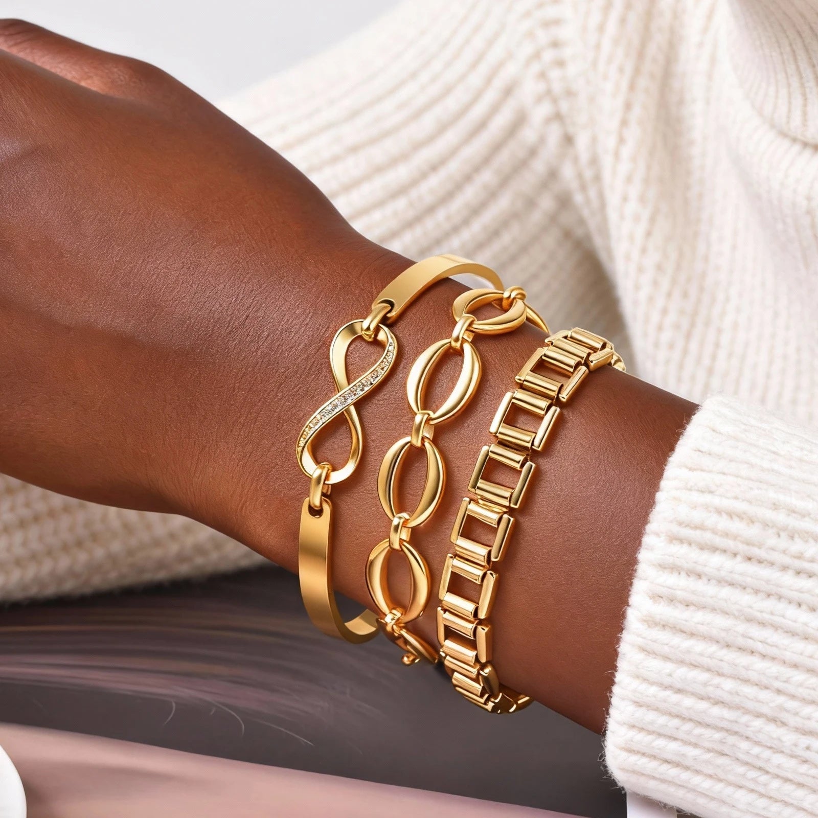 Tarnish Free Stainless Steel Stackable Chain Bracelet for Women, Statement Chunky Gold Plated Bracelet Layer Jewelry