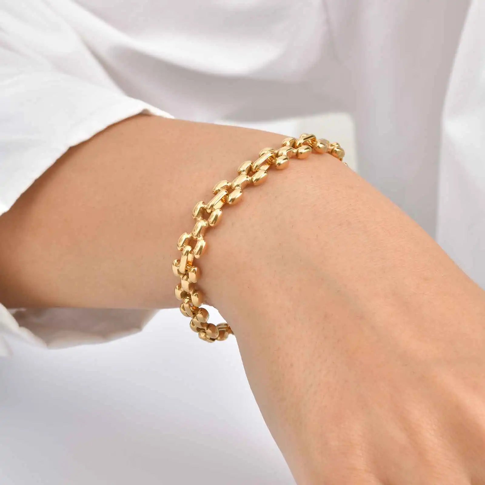 Punk Stainless Steel Watch Strap Chain Bracelet for Women,Gold Color Handmade Geometric Bracelets,Waterproof Jewelry Gift
