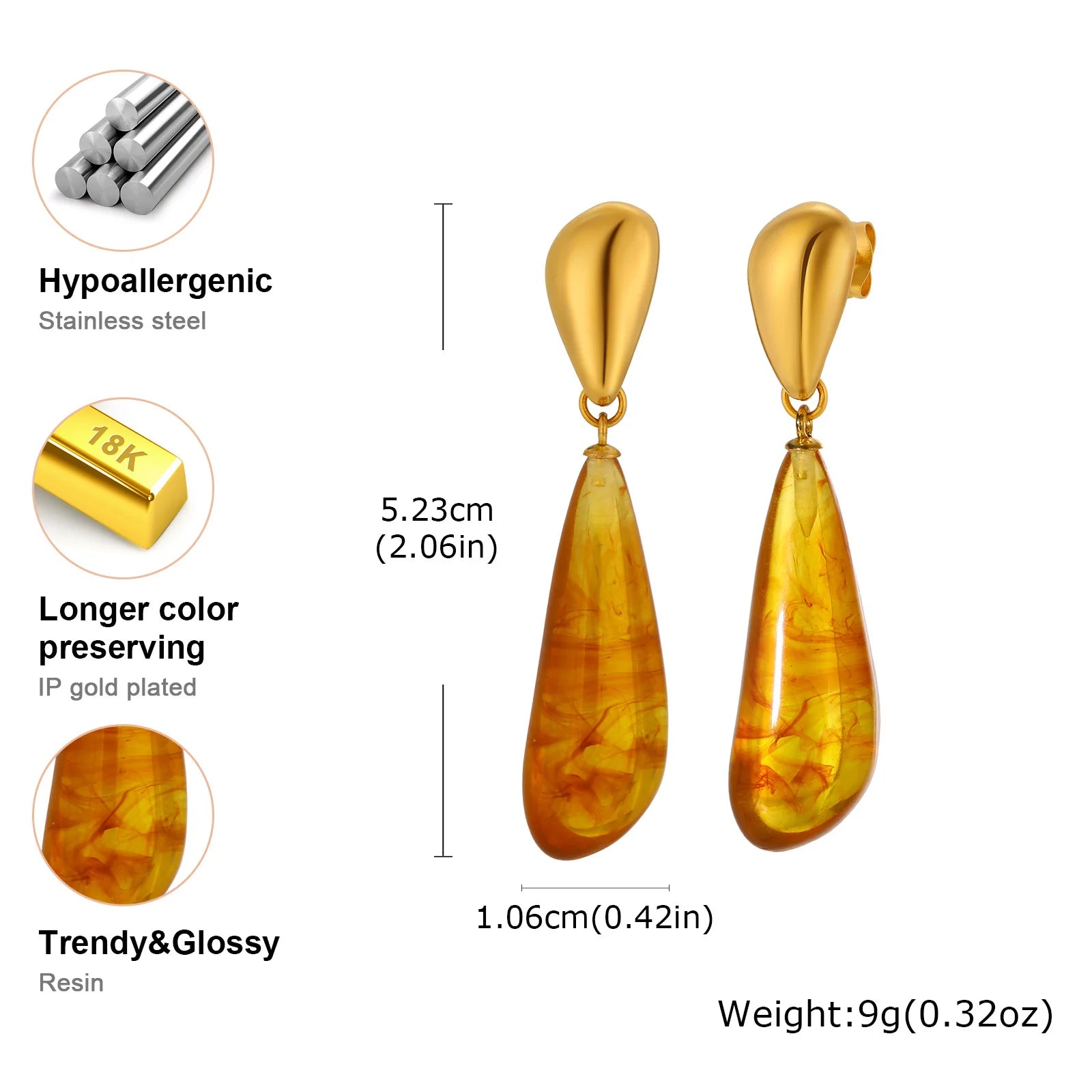 Water Drop Statement Earrings for Women, Resin Amber-colored Teardrop Dangle Earring