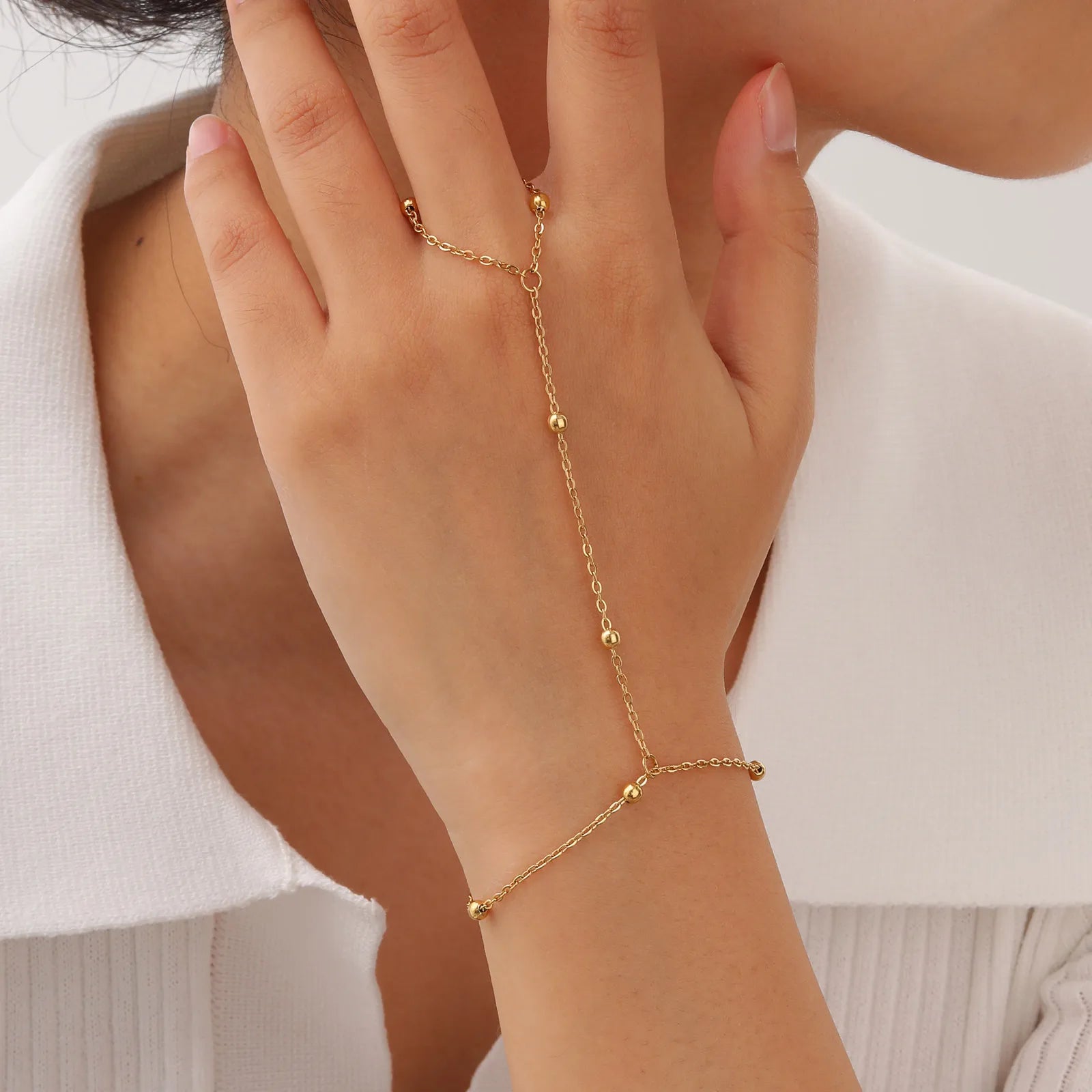 Stainless Steel Imitation Pearl Finger Ring Charms Bracelets for Women Bead chain zircon Mittens Tassel Bracelet Jewelry Gifts