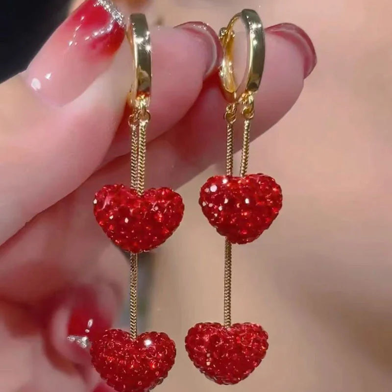 Exquisite Full Rhinestone Red Love Heart Drop Earrings For Women Luxury Shiny Zircon Tassel Long Earring Daily Party Jewelry