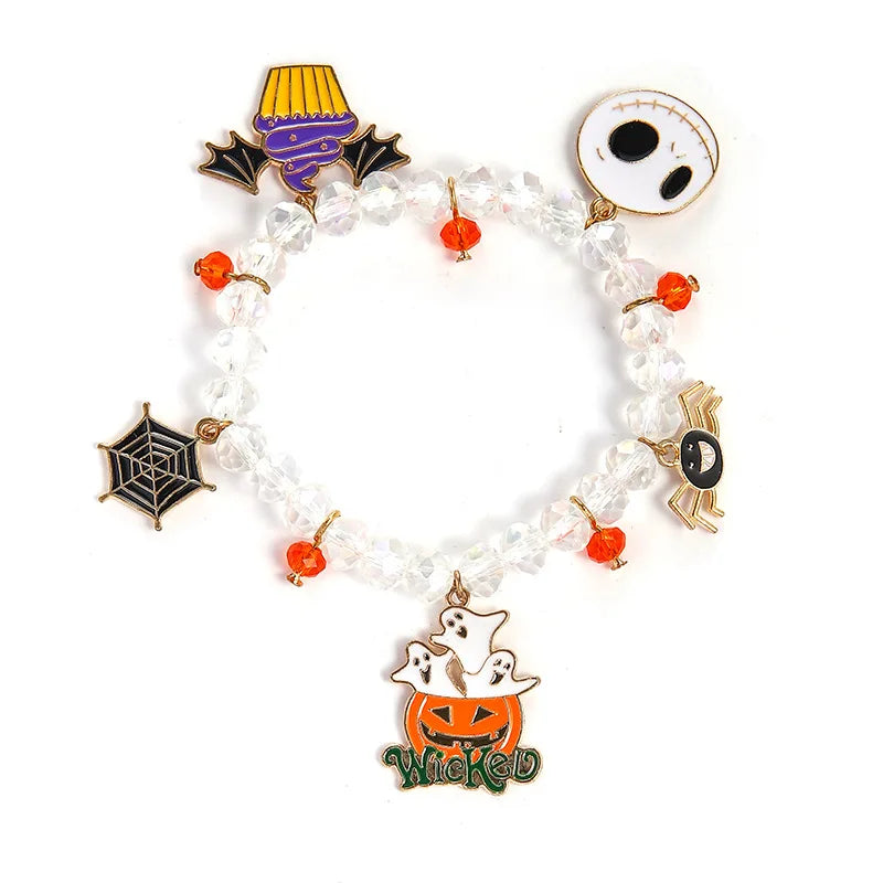 Funny Halloween Crystal Beaded Bracelet for Women Cartoon Pumpkin Black Bat Ghost Spider Web Beads Bracelets Party Jewelry Gift