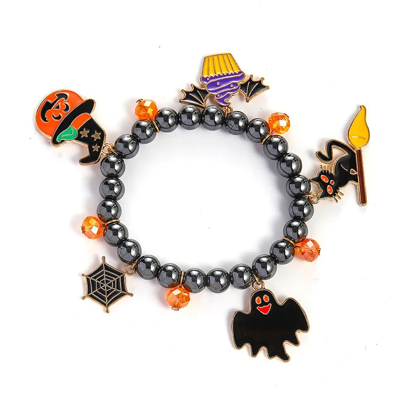 Funny Halloween Crystal Beaded Bracelet for Women Cartoon Pumpkin Black Bat Ghost Spider Web Beads Bracelets Party Jewelry Gift