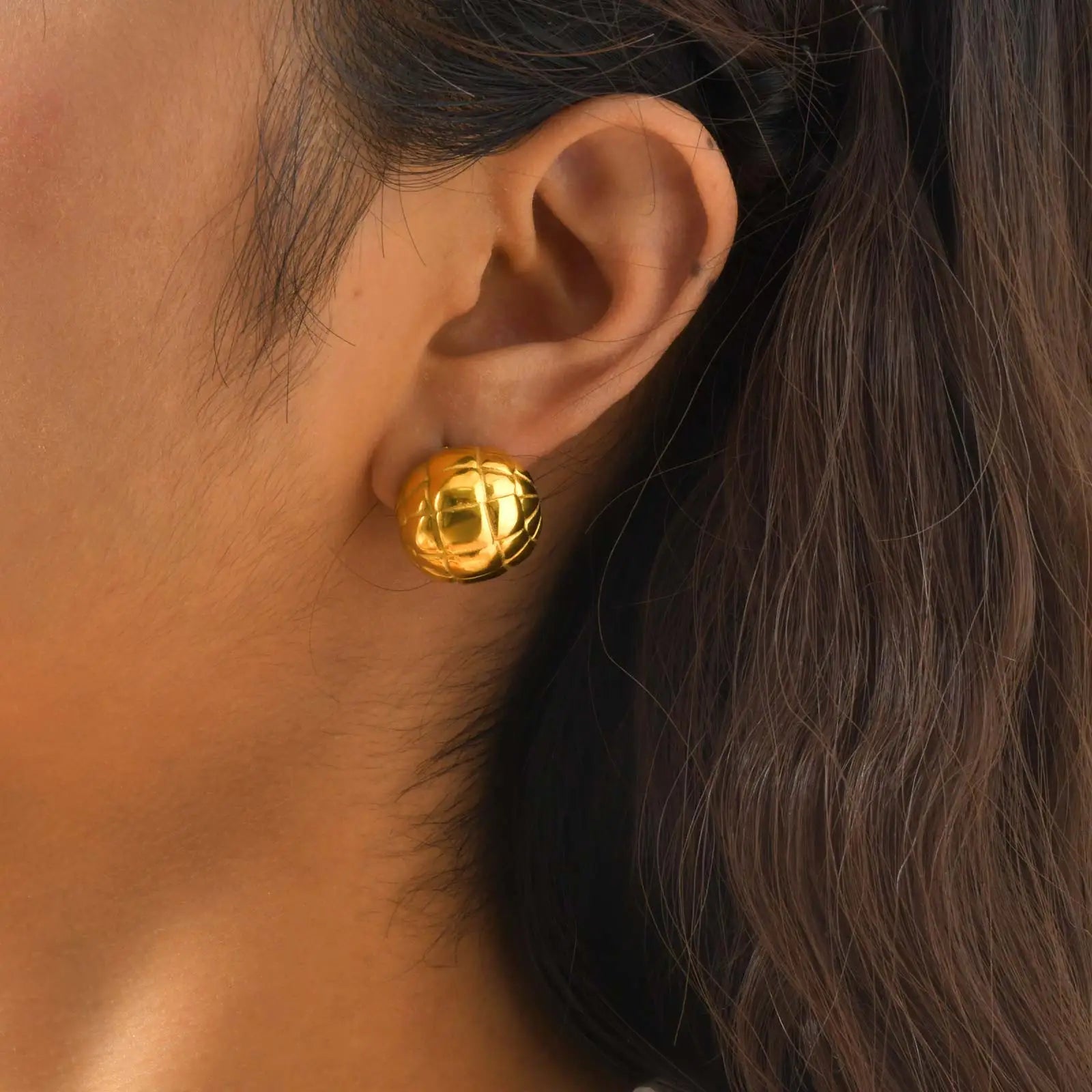 Glossy Hemisphere Braided Stud Earrings,Women's Stainless Steel Ball Earrings Gold Color,Fashion Jewelry Gift