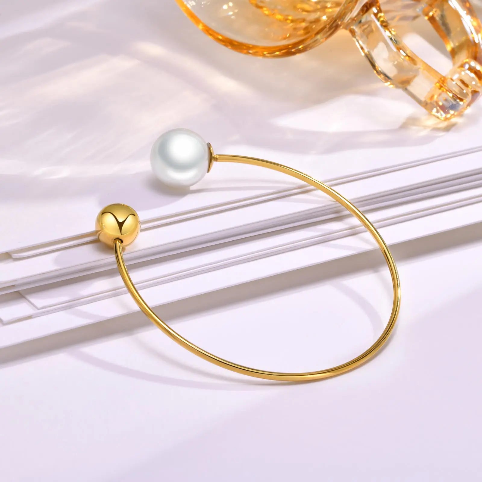 Women Trendy Cuff Bracelets, Gold Plated Stainless Steel Bangle Simulated Pearl Ball, Chic Minimalist Stylish Wristband Bracelet