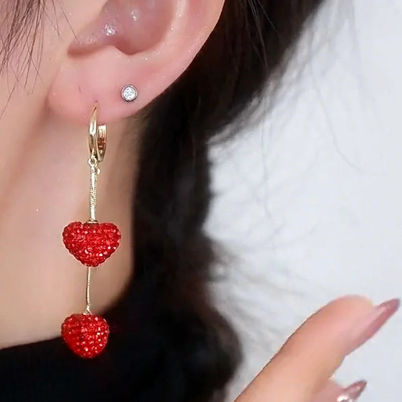 Exquisite Full Rhinestone Red Love Heart Drop Earrings For Women Luxury Shiny Zircon Tassel Long Earring Daily Party Jewelry