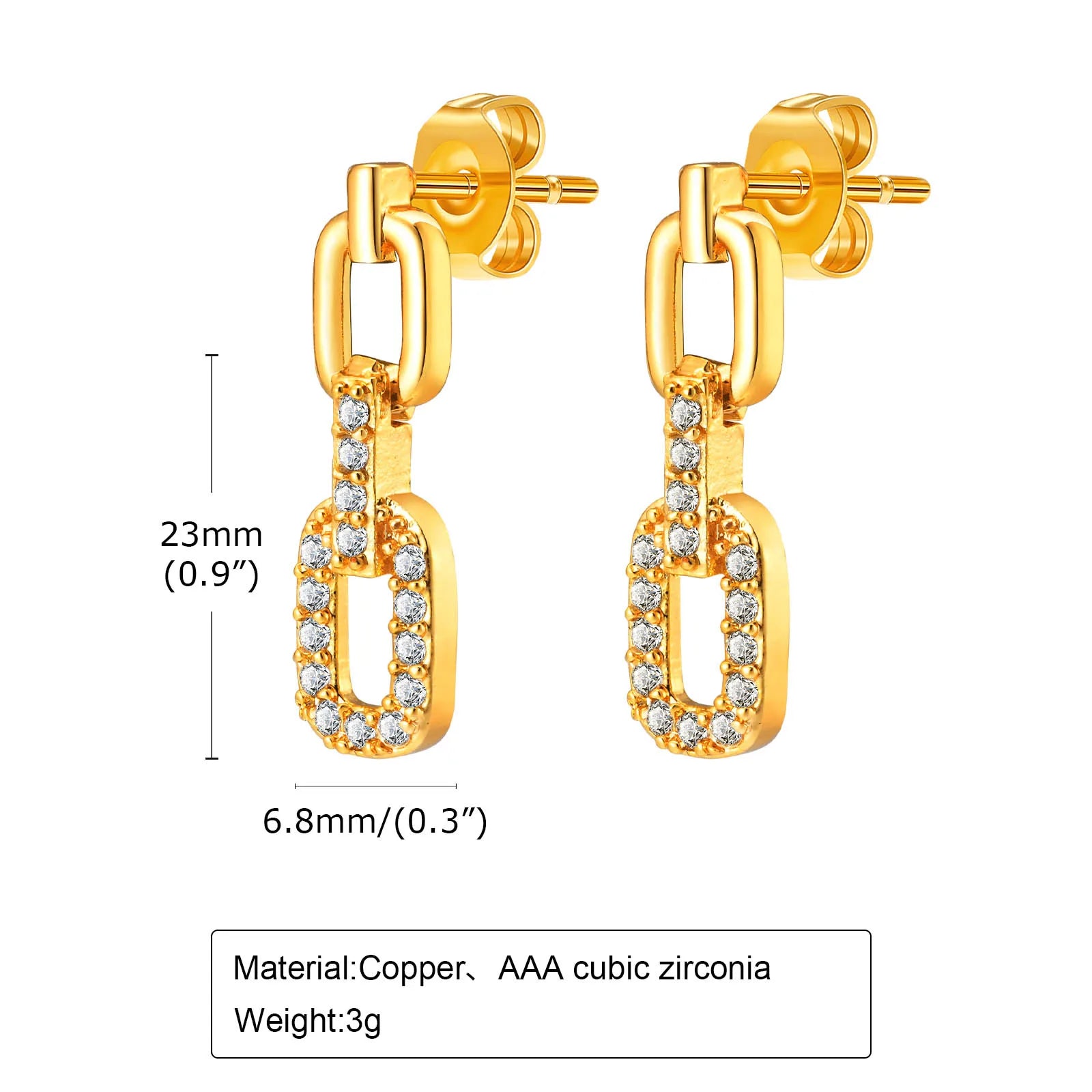 Dainty Bling Paperclip Chain Drop Earrings for Women Girls, Gold Plated Metal Rectangle Link Dangle AAA Cubic Zirconia Stone
