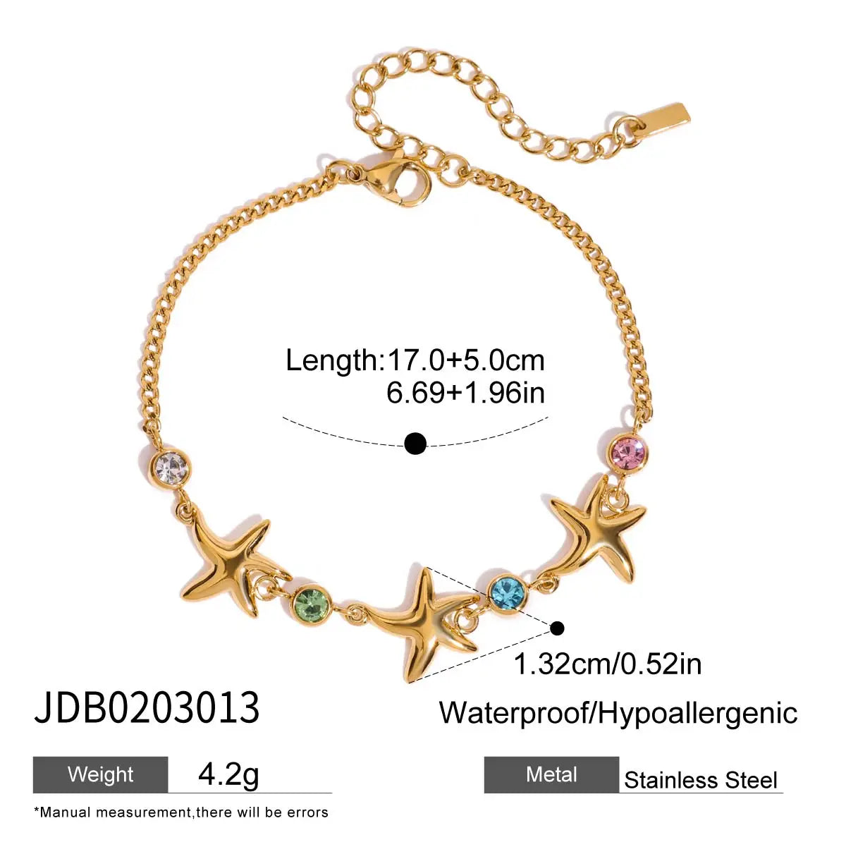 Uworld Ocean Vacation Style Colorful Zircon Starfish Bracelet Stainless Steel Stackable Bracelet Women's Accessories Party Gift