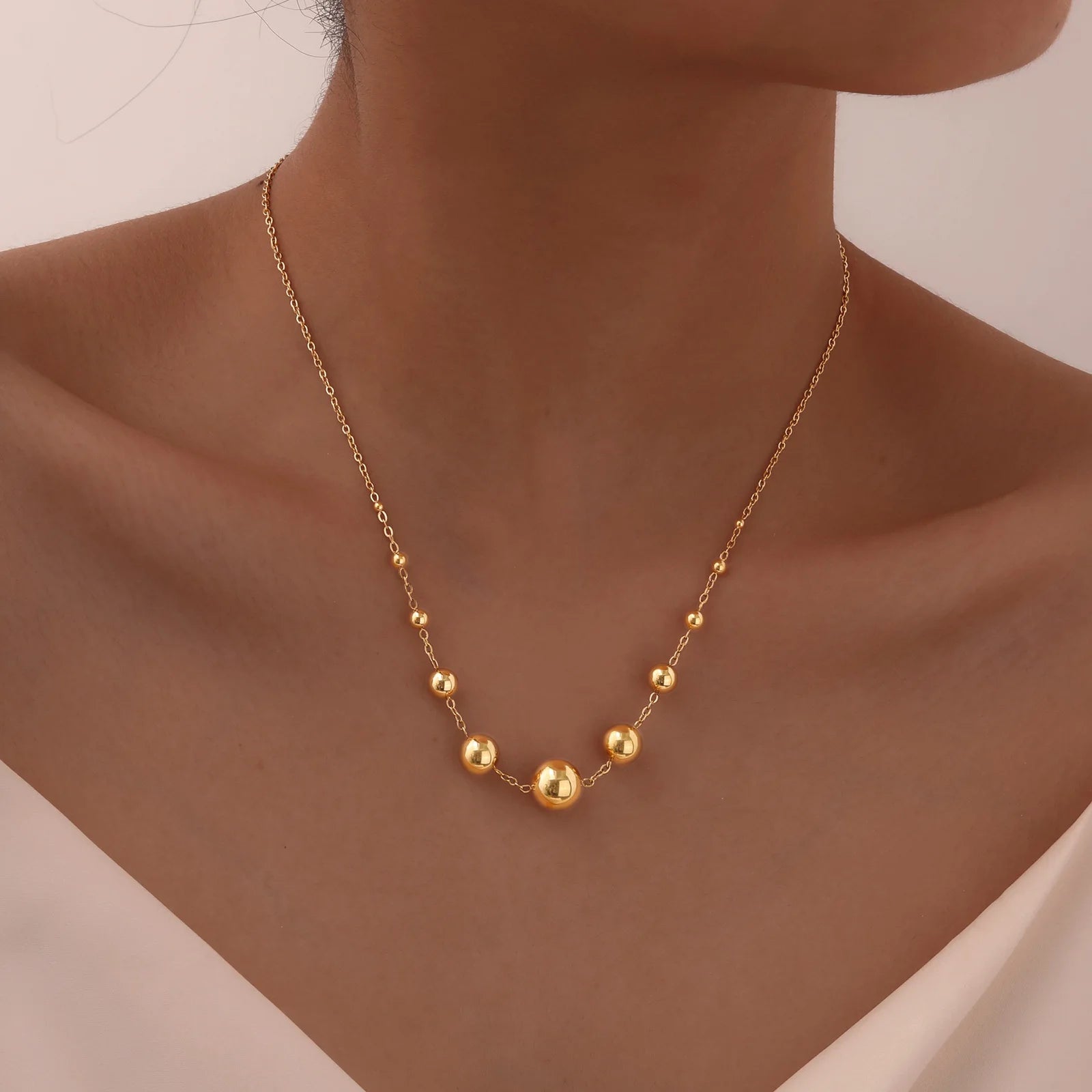 Stainless Steel Round Ball Beads Chain Bracelet for Women, 18K PVD Gold Plated Statement Waterproof Hand Wrist Jewelry