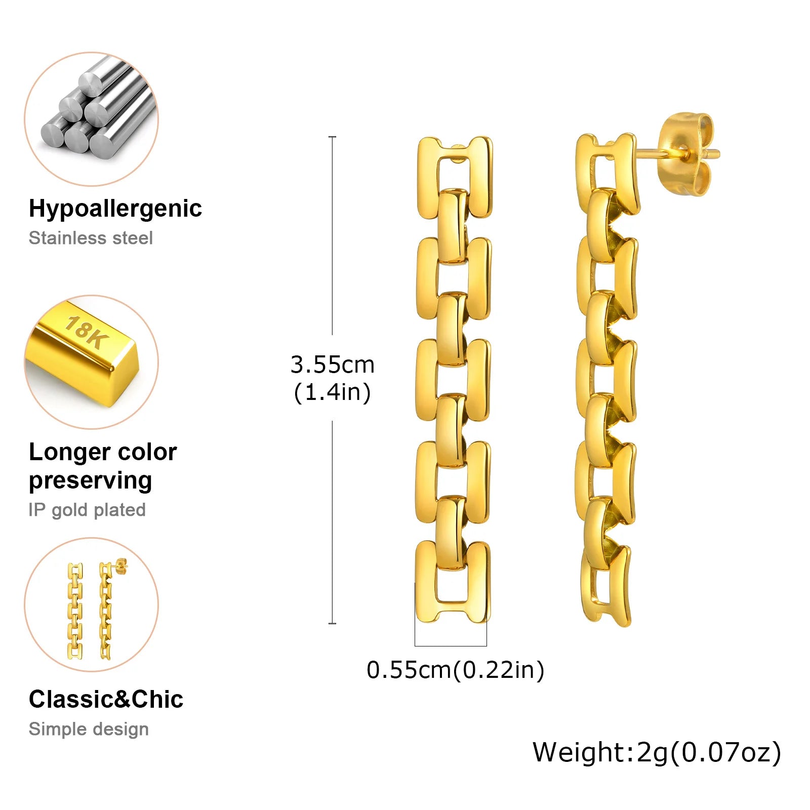 Mesh Chain Link Drop Dangle Earrings for Women, Long Link Earring, Minimalist Stainless Steel Hiphop Jewelry