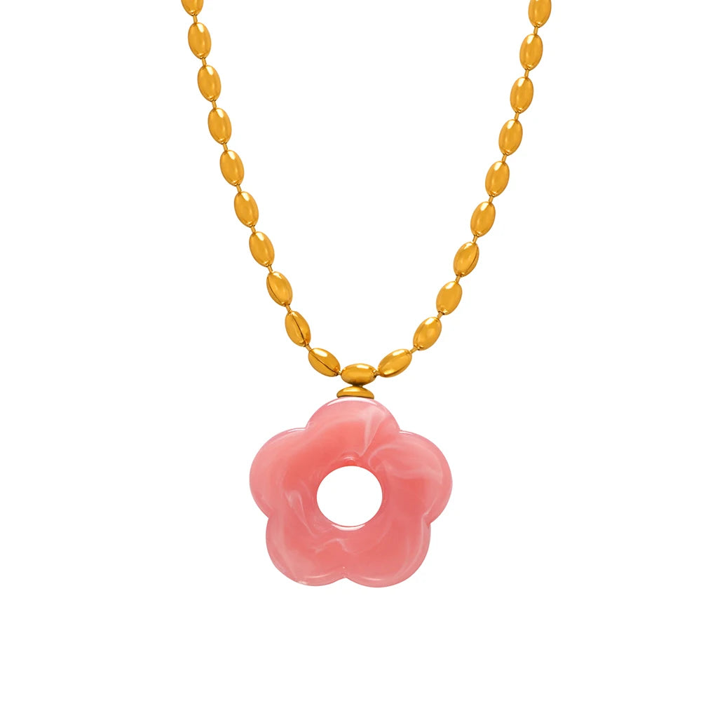 Colorful Resin Hollow Flower Pendant Necklaces Drop Earrings For Women Stainless Steel Rice Chain Women Wedding Jewelry Sets