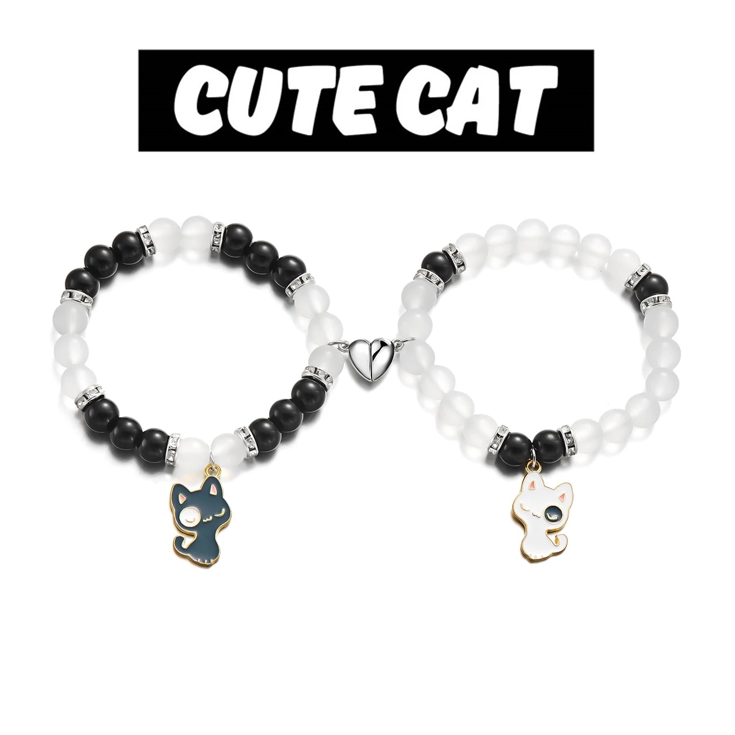 2pcs Magnetic Couple Bracelets Love Heart Shaped Matching Attraction Black White Cat Kitten Pendant Beaded Bracelet Jewelry Gift