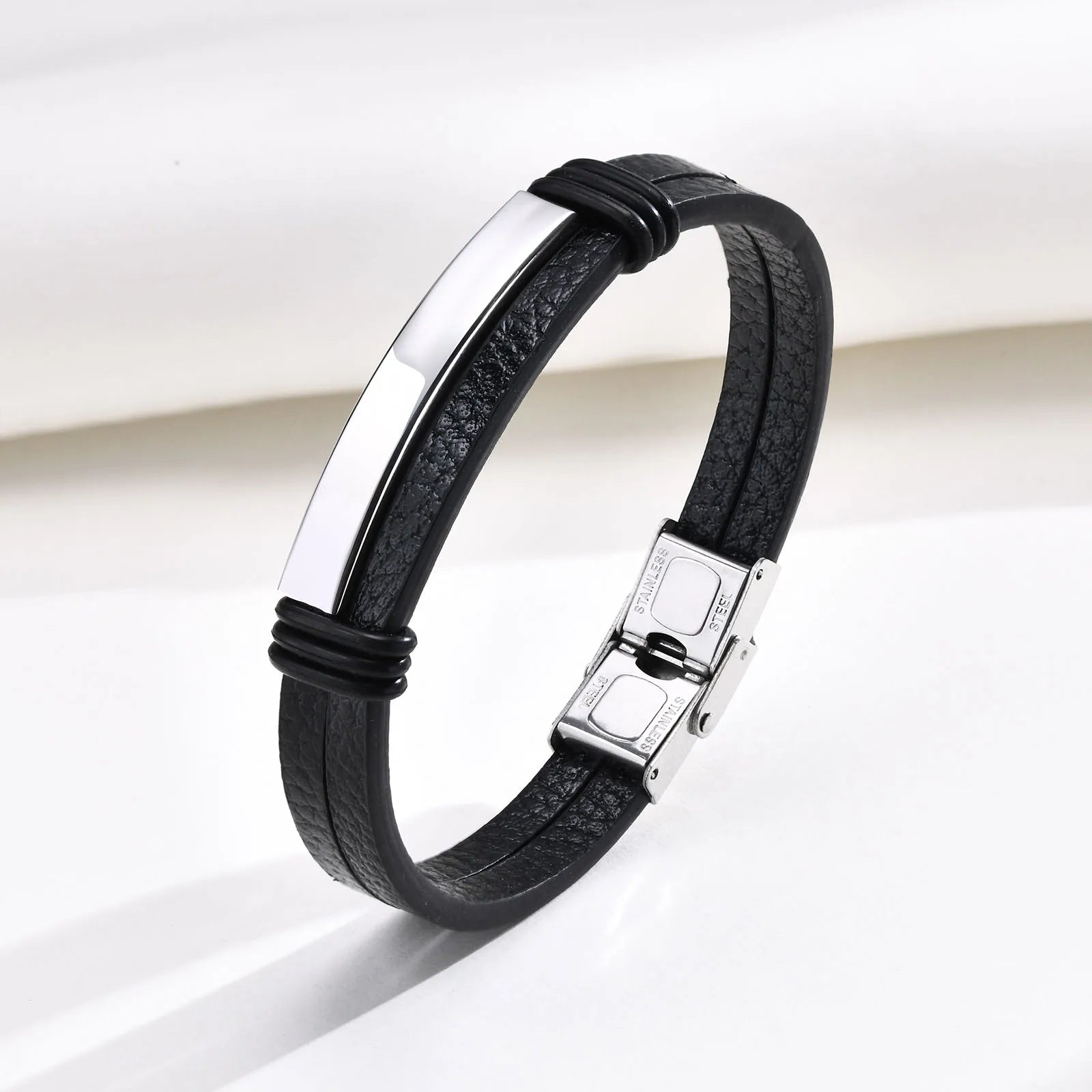 Genuine Leather Bracelet for Adult, Hip Hop Stainless Steel Charm Leather Wrap Bracelet,  Wristband Hand Jewelry Gift