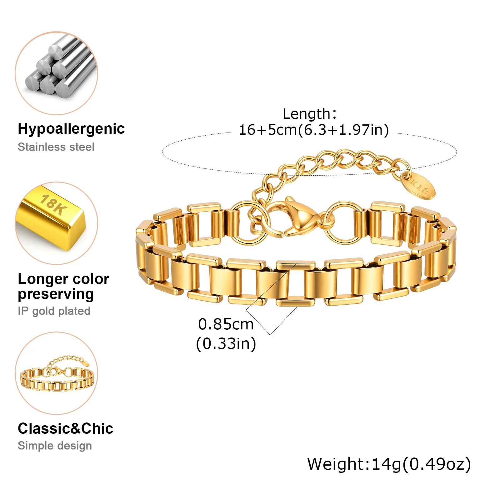 Fashion Women's Watch Strap Chain Bracelet Gold Plated Stainless Steel Chunky Link Chain Bracelets Punk Jewelry Gift