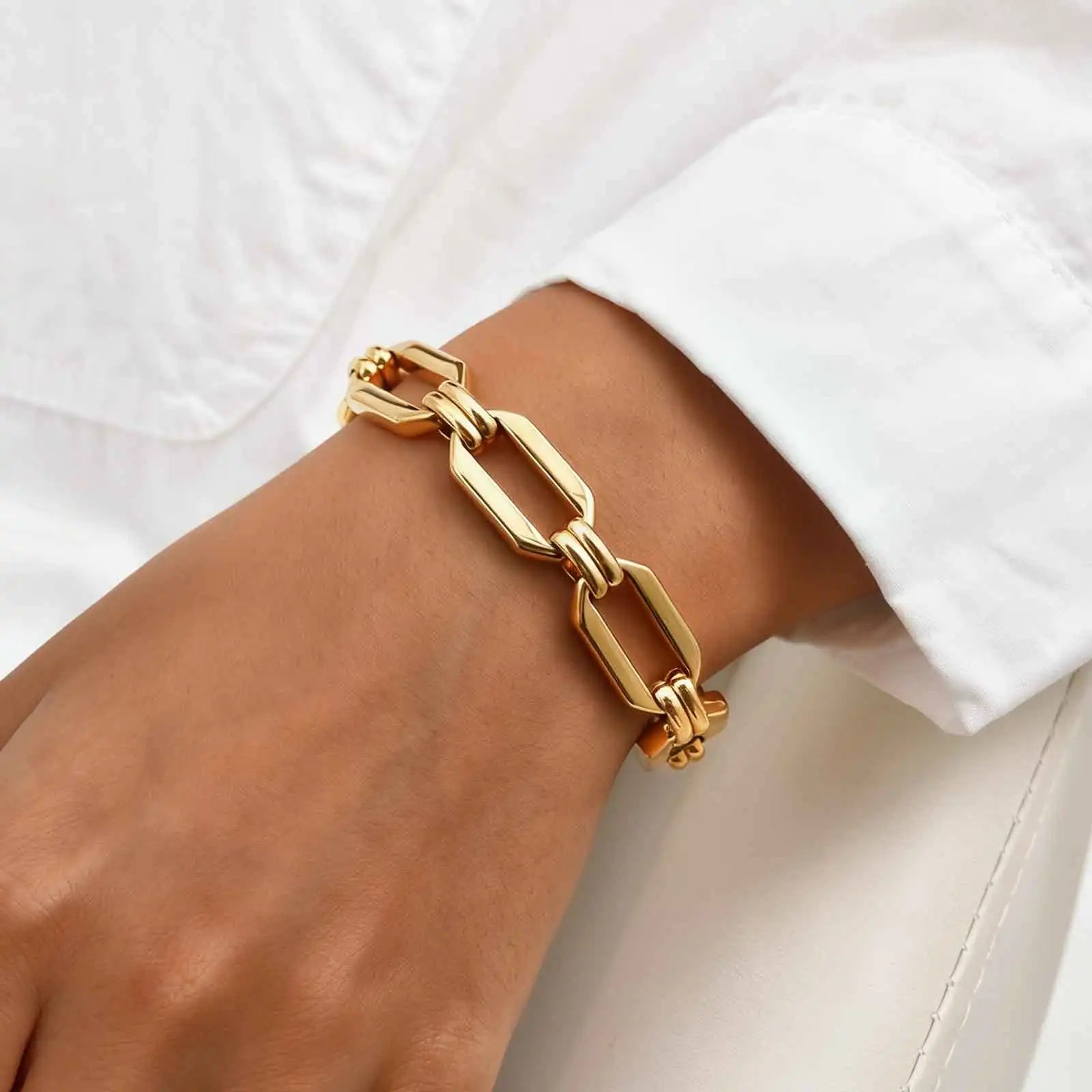 Punk Stainless Steel Watch Strap Chain Bracelet for Women,Gold Color Handmade Geometric Bracelets,Waterproof Jewelry Gift