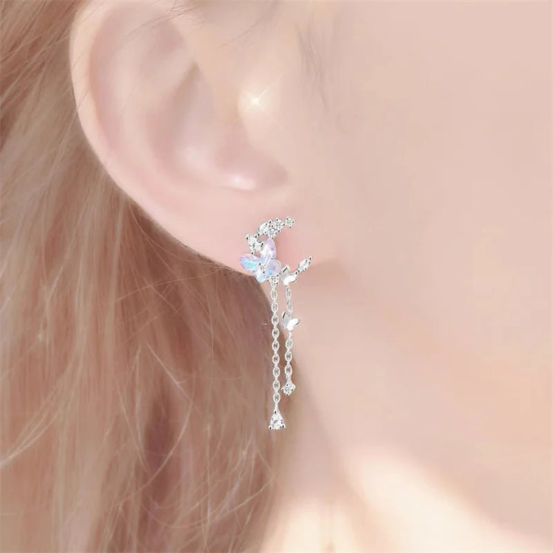 Sparkling Crystal Star Moon Tassel Earrings for Women Korean Fashion Zircon Butterfly Asymmetrical Drop Earring Party Jewelry