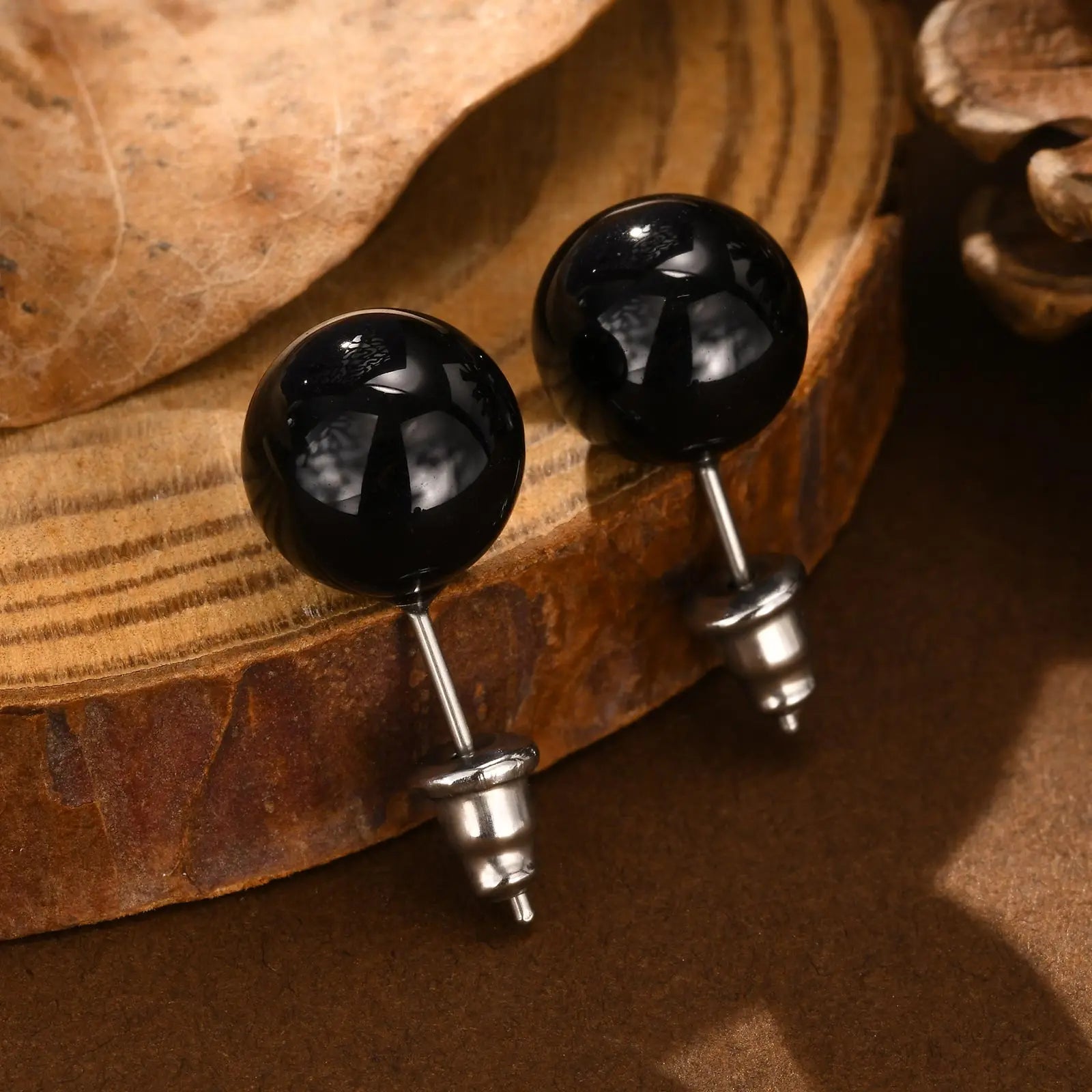 Fashion Red Black Natural Stone Earring for Women,Stainless Steel Black Round Ball Earrings,Punk Stud Earrings Jewelry Gifts