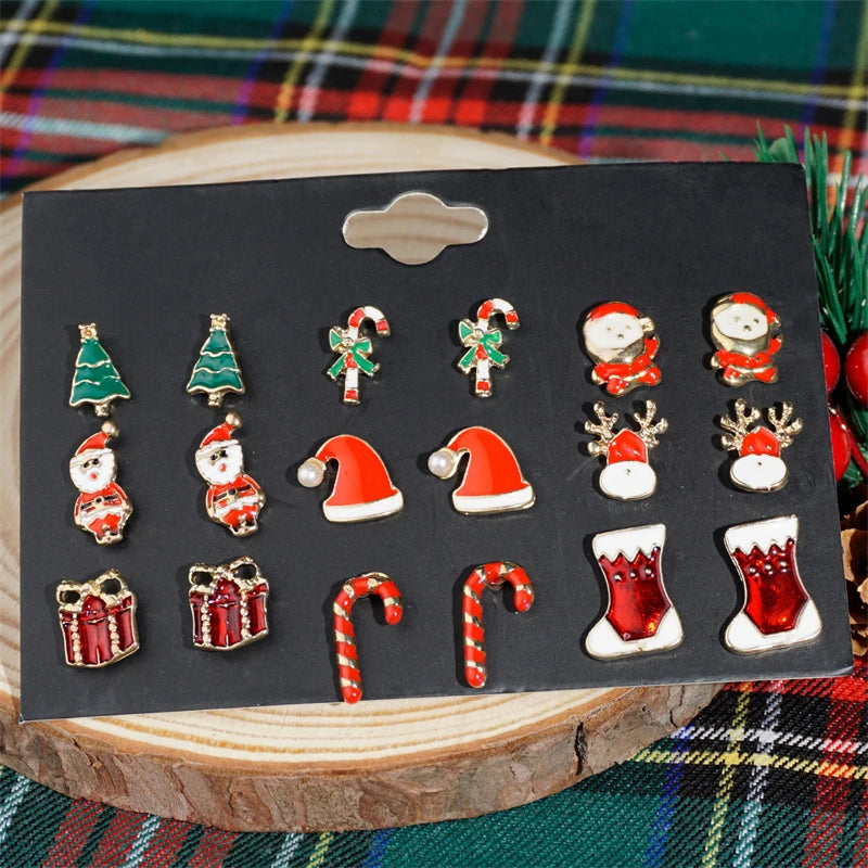 6/12 Pair Christmas Combination Earrings Set for Women Shiny Zircon Xmas Tree Snowflake Santa Claus Earring Girl Party Jewelry