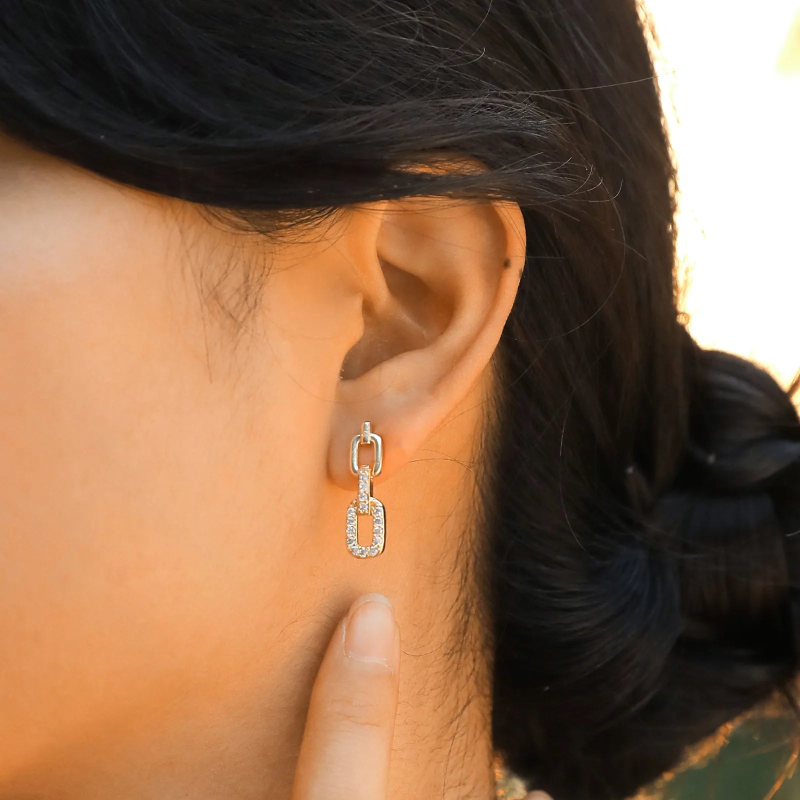 Dainty Bling Paperclip Chain Drop Earrings for Women Girls, Gold Plated Metal Rectangle Link Dangle AAA Cubic Zirconia Stone