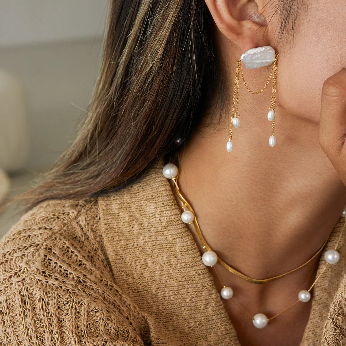 Uworld Minimally Elegant Square Pearl Tassel Earrings 18K Gold Color Stainless Steel Chain Earrings Women's Jewelry