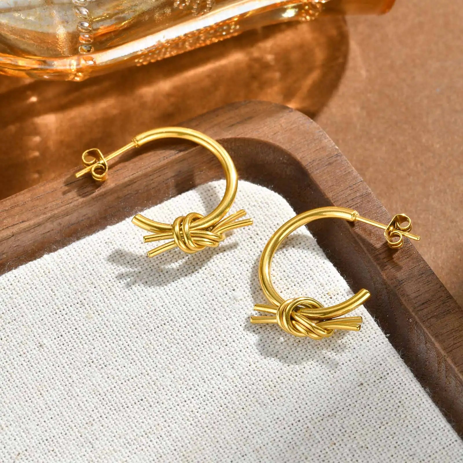 Fashion Tie Knotted C-Shaped Hoop Earrings for Women, 18K Gold PVD Plated Water Resistant Elegant Earrings Wholesale Jewelry