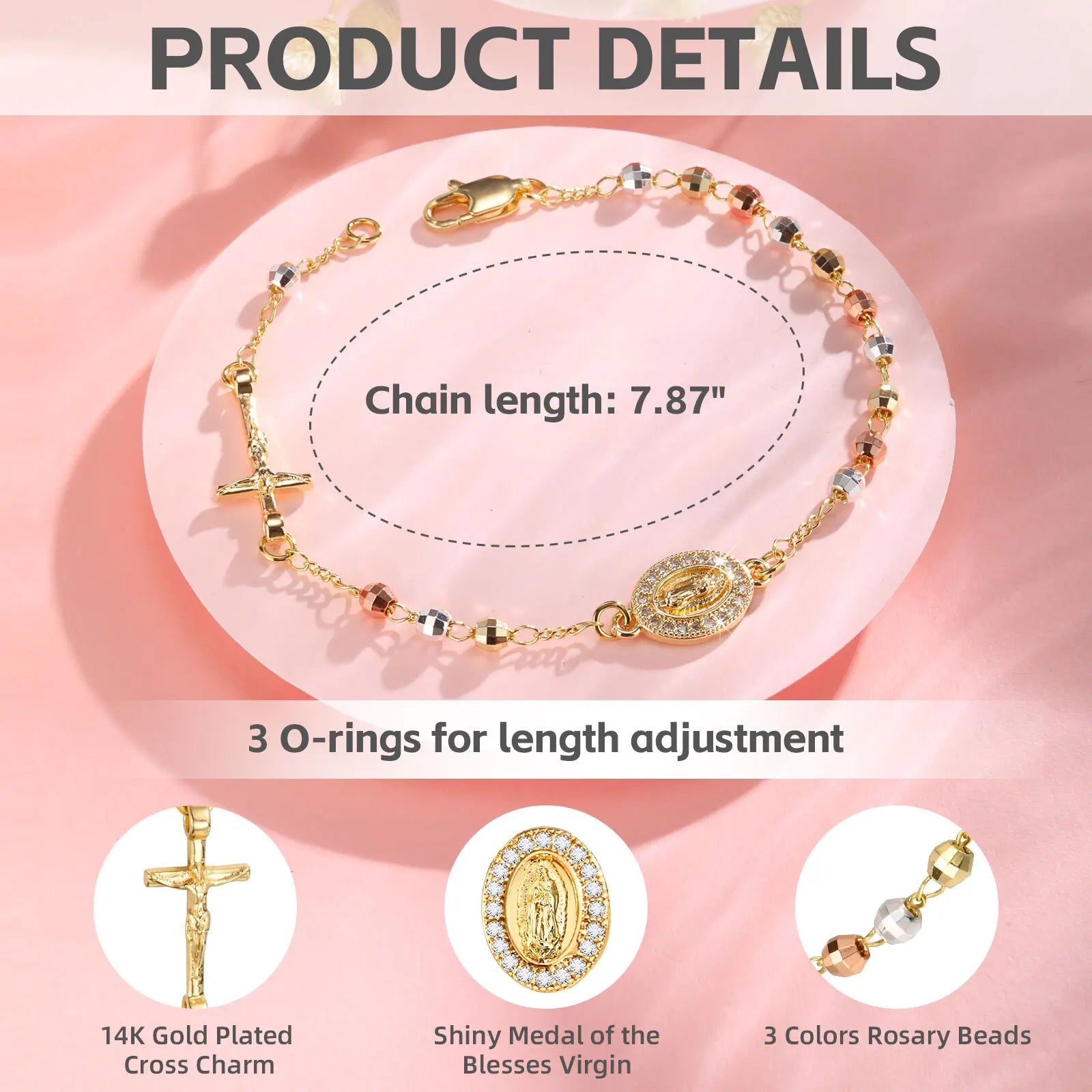 Virgin Mary Rosary Bead Cross Bracelet for Women, Tri-color Adjustable Chaiin Virgin of Guadalupe Bracelet Jewelry Gift