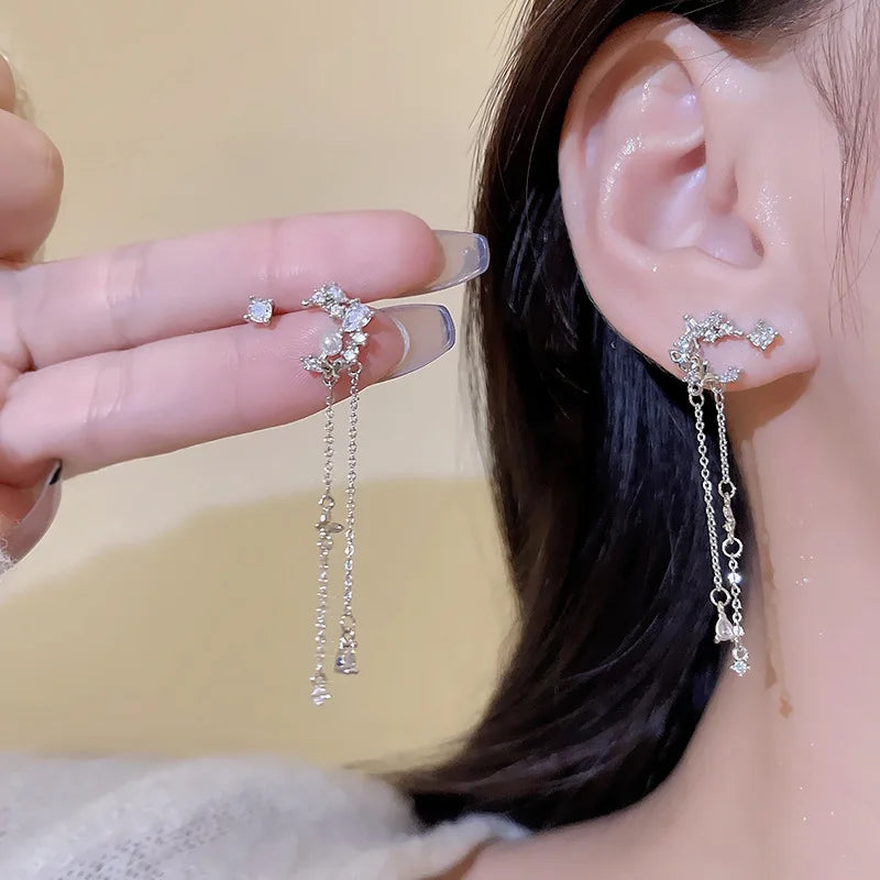 Delicate Zircon Moon Butterfly Tassel Stud Earrings For Women Korean New Exquisite Crystal Asymmetric Earring Girl Party Jewelry