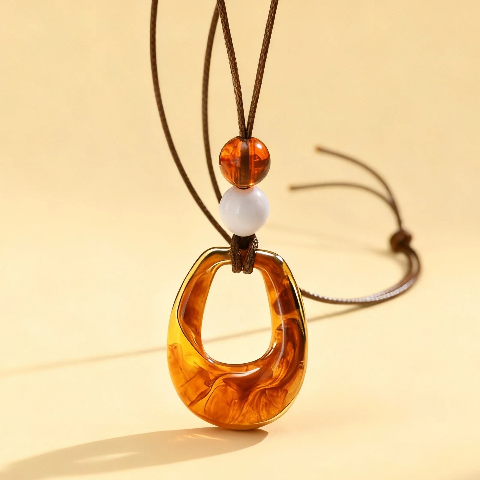 Vintage Amber Resin Geometric Pendant for Women,Ball Hollow U-Ring Wax Chain Rope Necklaces,Simple Charm Sweater Jewelry Gifts