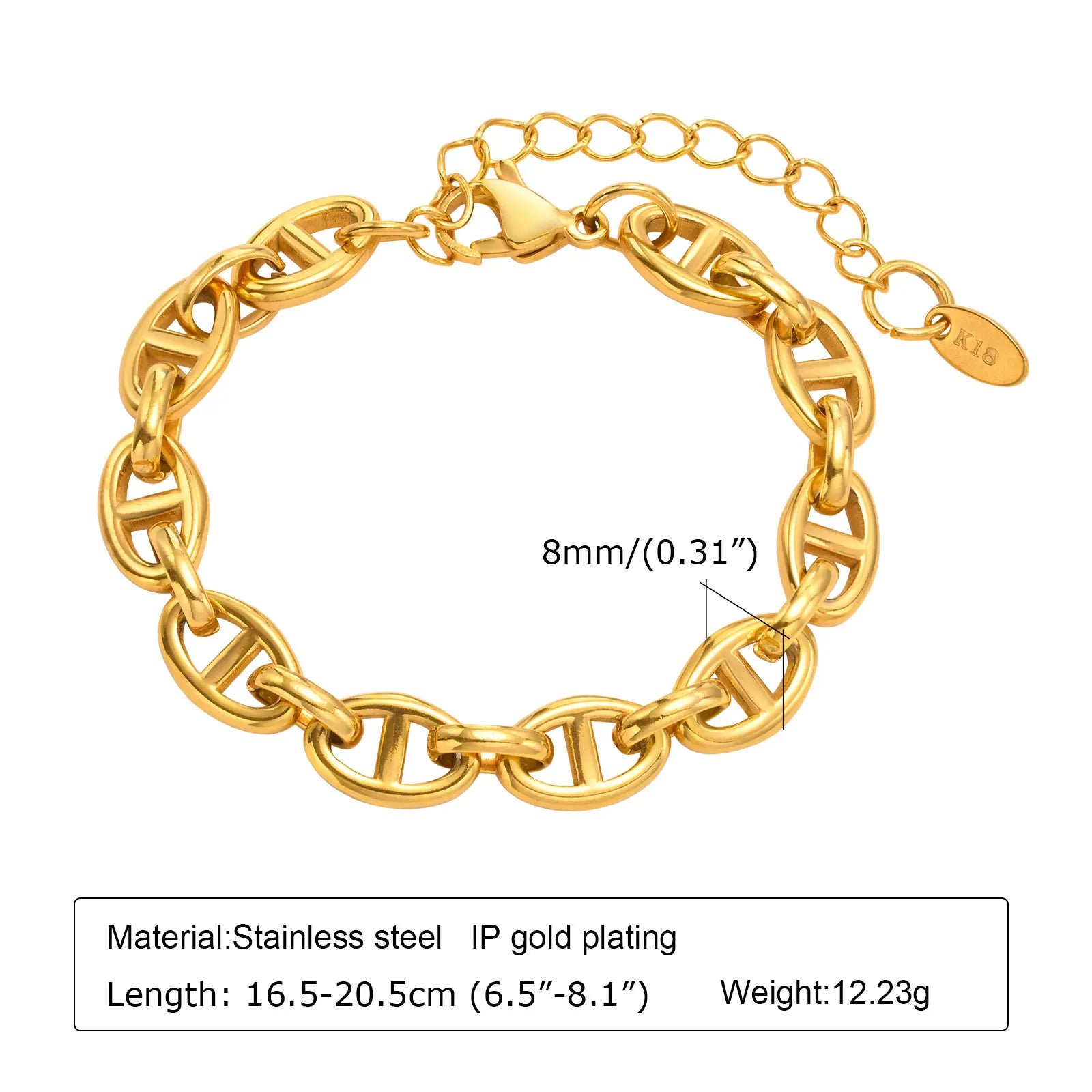 Women's Twisted Ring-connected Toggle-clasps Bracelet,Stainless Steel 18K Gold Plated Rolo Chain Bracelets,OT Lock Jewelry Gifts