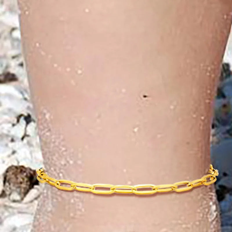 Trendy Simple Rectangle Charm Chain Anklet for Girls Boys , Gold Color Stainless Steel Ankle Chain Bracelets Jewelry