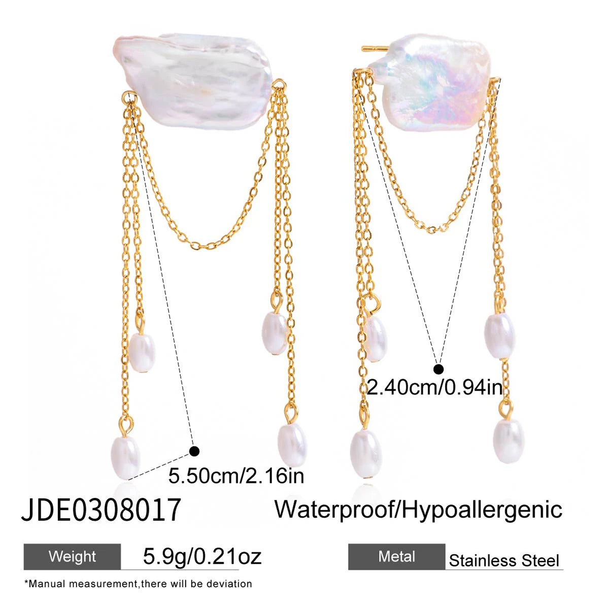 Uworld Minimally Elegant Square Pearl Tassel Earrings 18K Gold Color Stainless Steel Chain Earrings Women's Jewelry